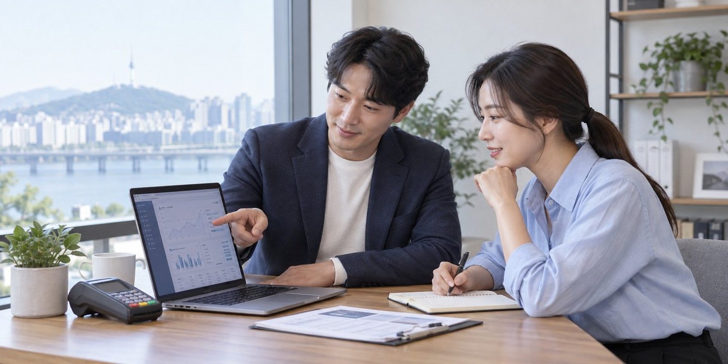 노트북 화면을 함께 확인하는 두 사람 — 이동식 카드단말기 신청 비용비용, 무료 개통이 어디까지인지 궁금하시죠? 연락 주시면 0원인 칸부터 또렷이 말씀드려요.
