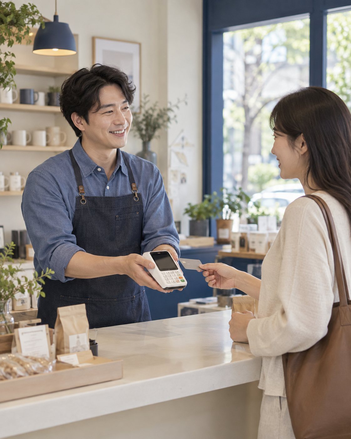 카운터에서 고객의 결제를 안내하는 운영자 — 이동식 카드단말기 신청 행사장행사장, 장터 날짜가 코앞이신가요? 연락 주시면 남은 날에 맞춰 차례를 짜 드려요.