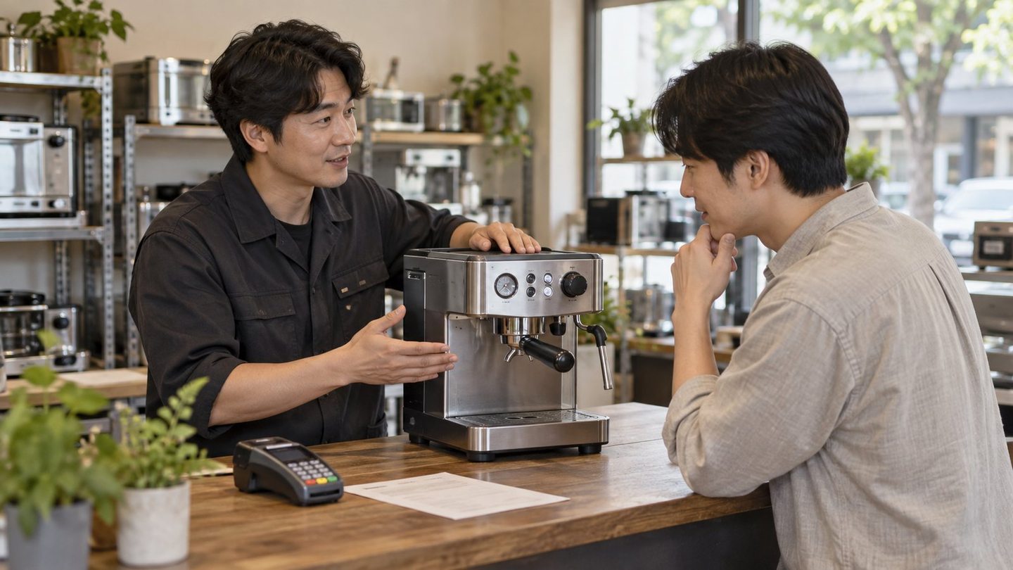 카운터에서 결제 방법을 설명하는 두 사람 — 이동식 카드단말기 신청 절차절차, 어디서부터 손대야 할지 모르시겠죠? 연락 주시면 다섯 걸음으로 나눠 이끌어 드려요.